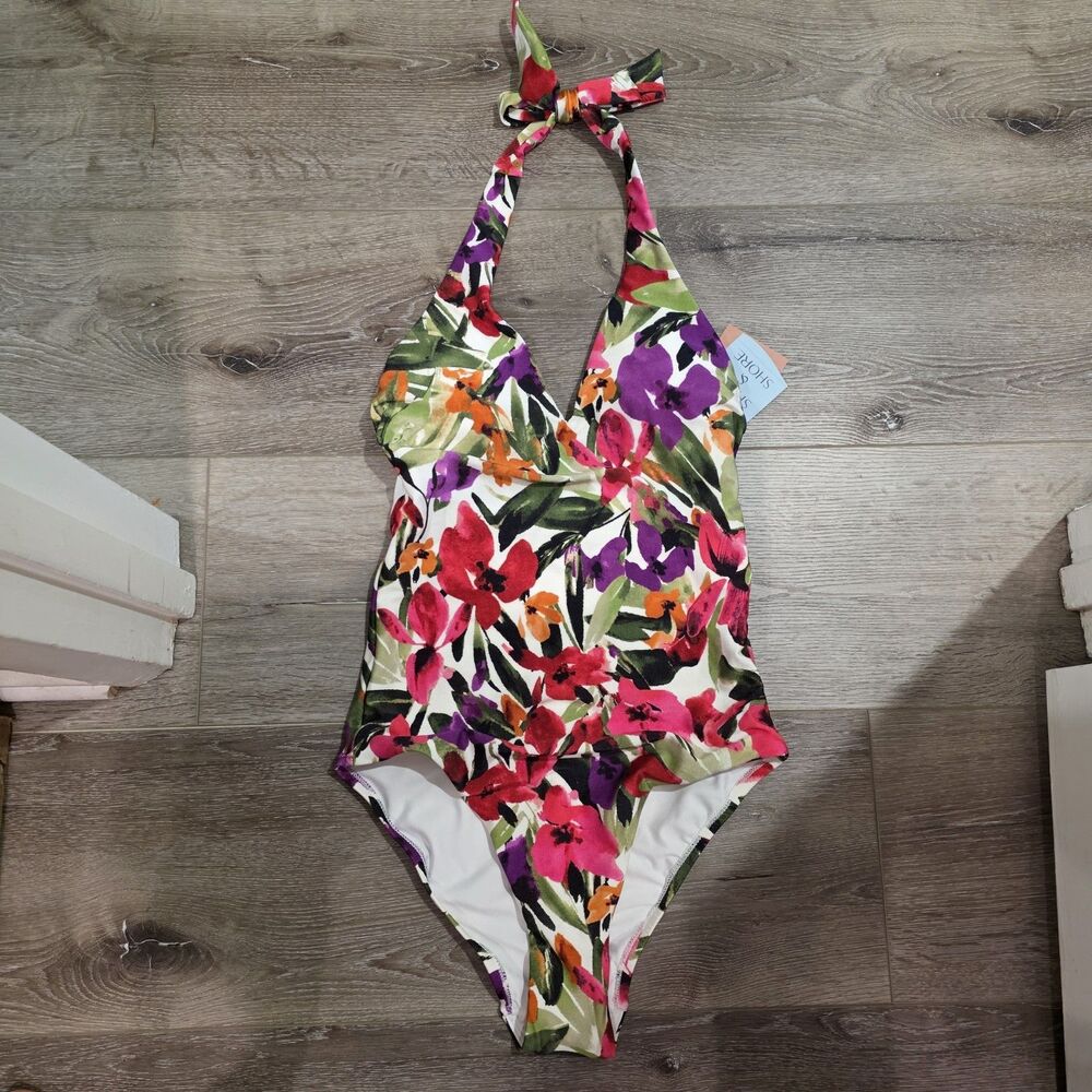 Women's Shade & Shore Halter Plunge Neck  High Leg One Piece Swimsuit M 8-10 NWT